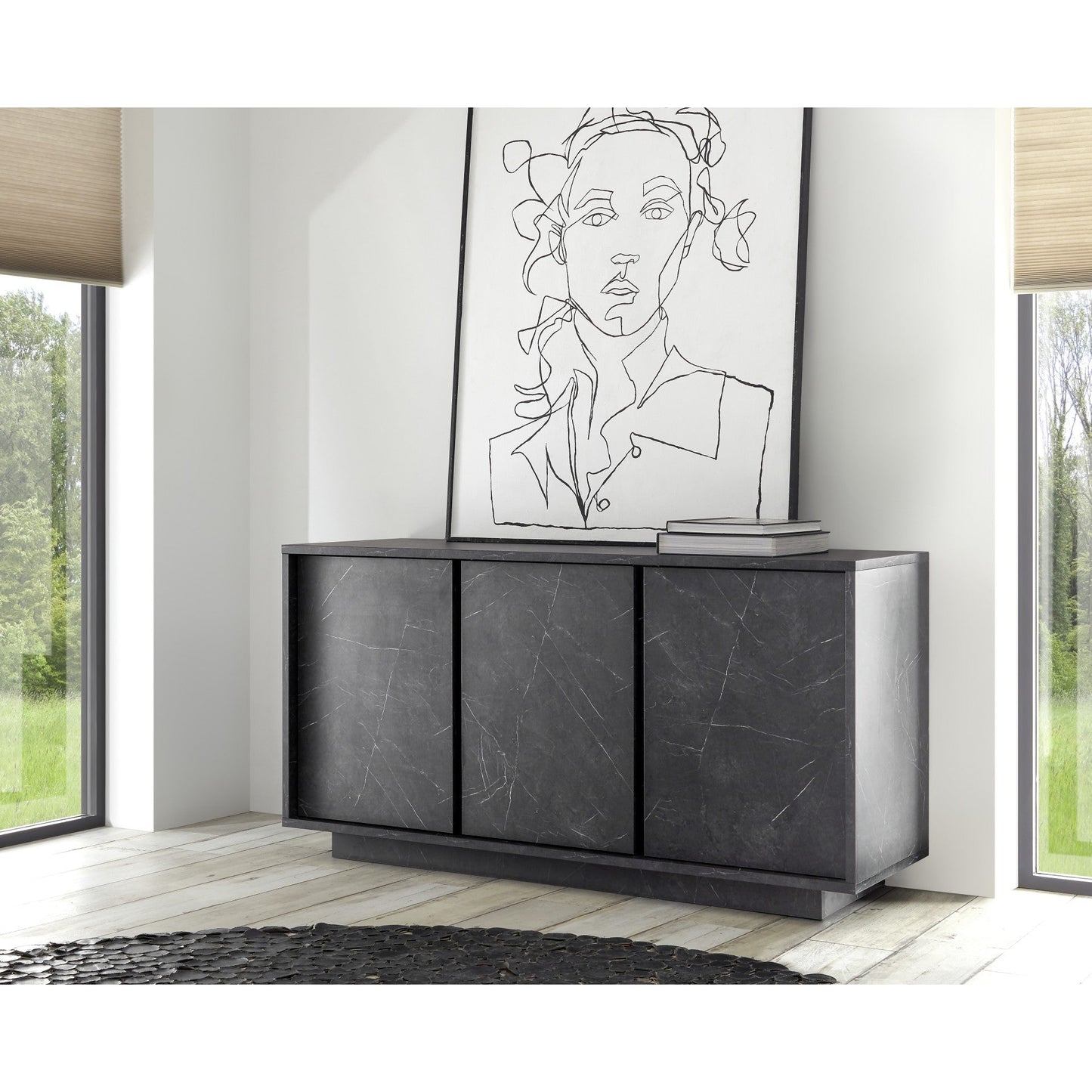 Glacia 3 Door Black Marble Effect Sideboard - FurniComp