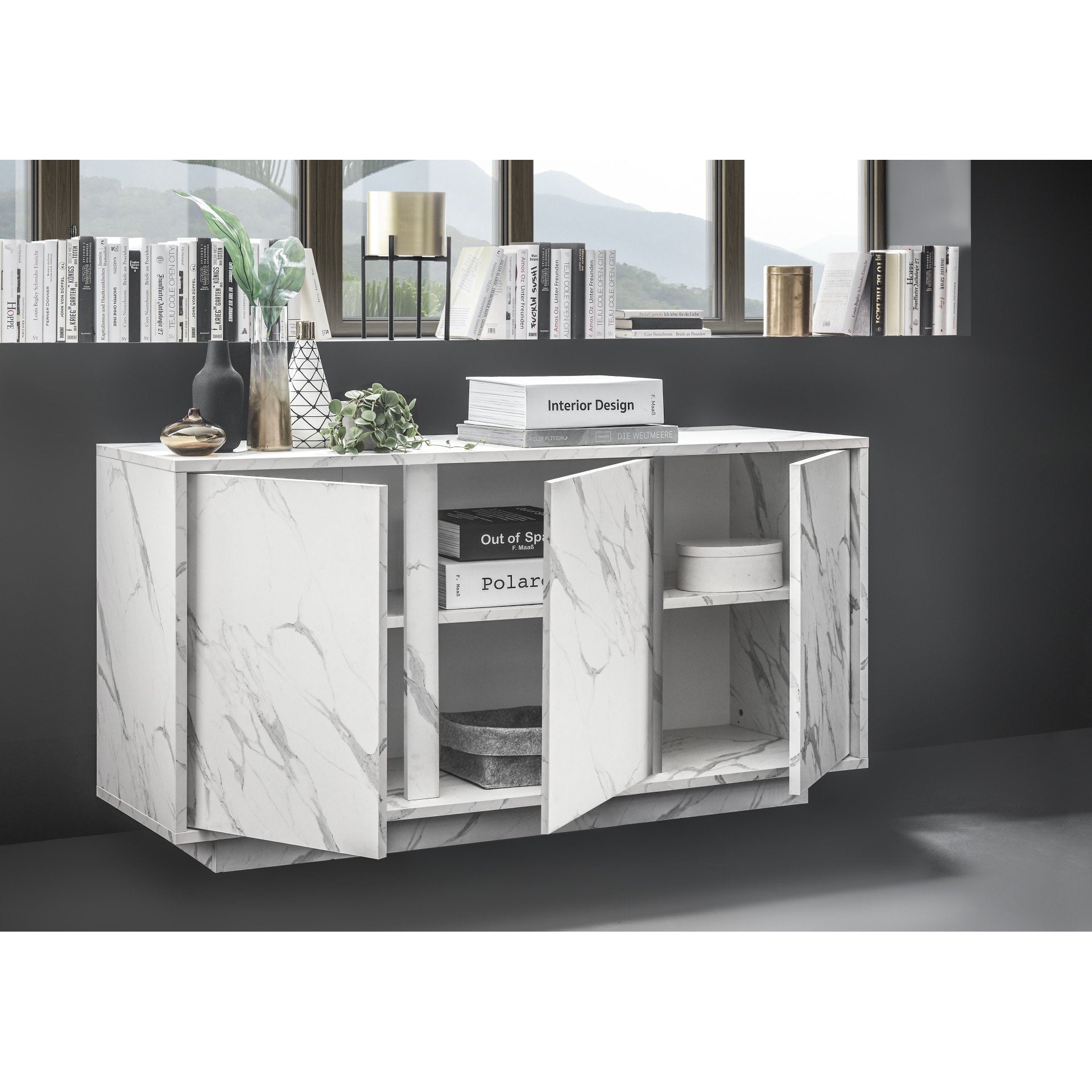 Glacia 3 Door White Marble Effect Sideboard - FurniComp