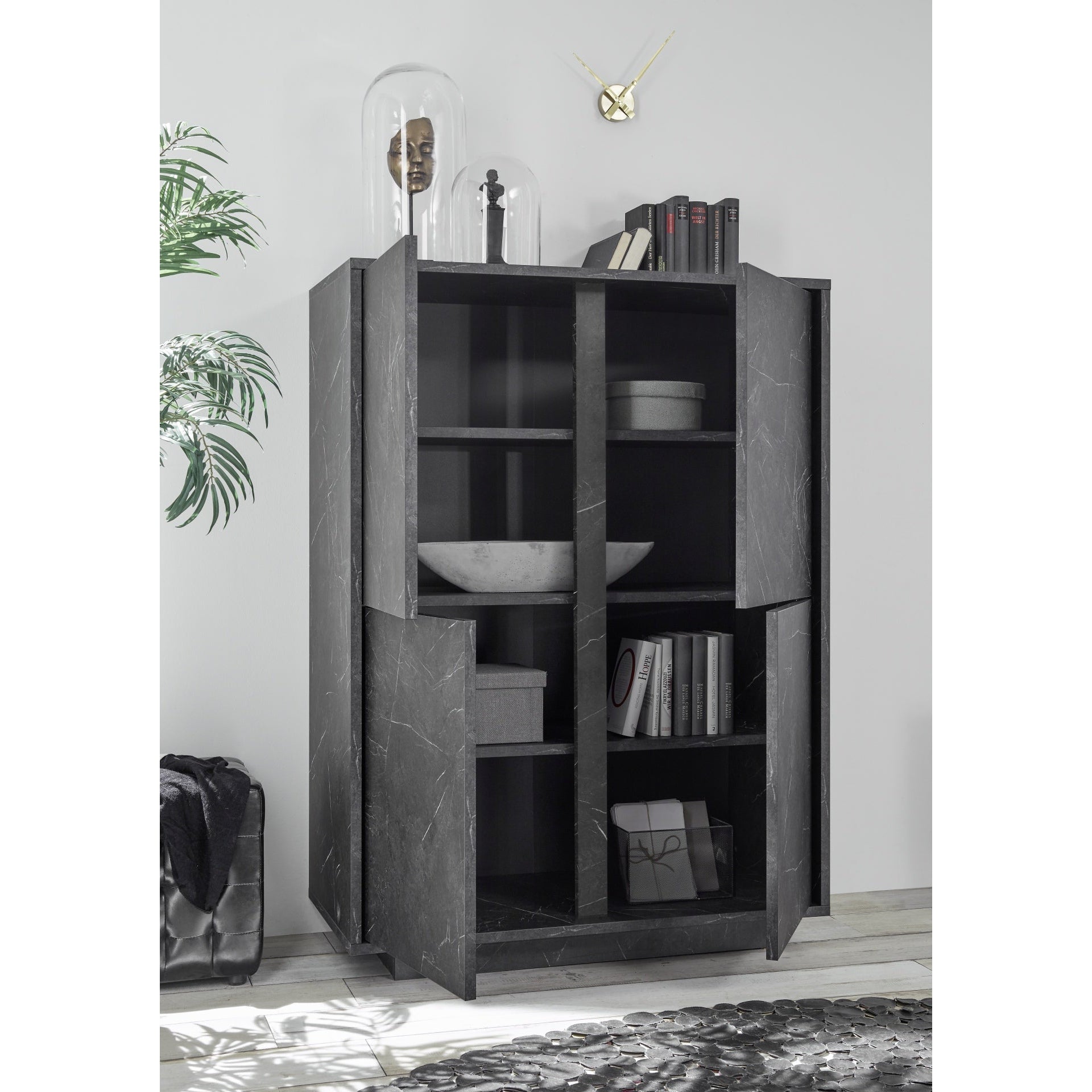 Glacia 4 Door Black Marble Effect Tall Sideboard/Highboard - FurniComp