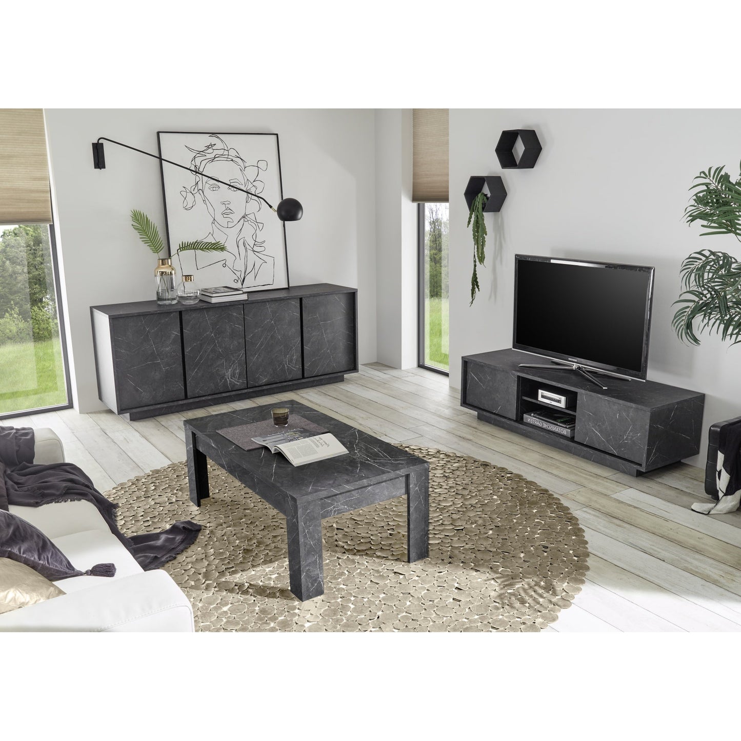 Glacia 3 Door Black Marble Effect Sideboard - FurniComp