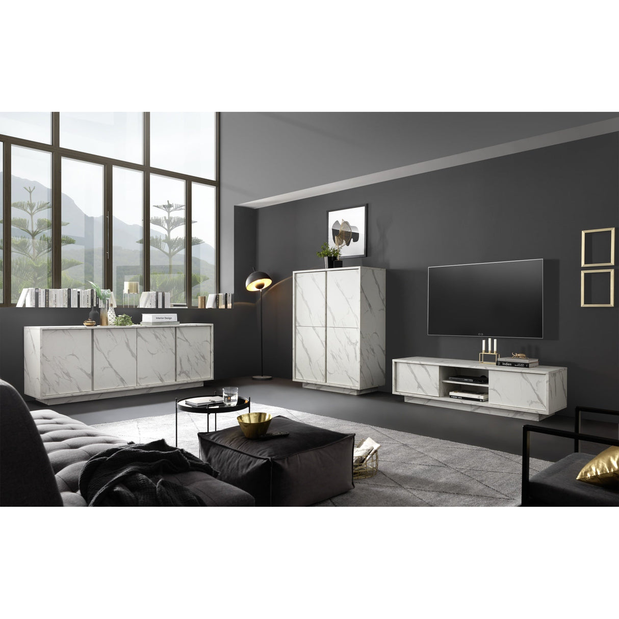 Glacia 4 Door White Marble Effect Tall Sideboard/Highboard - FurniComp