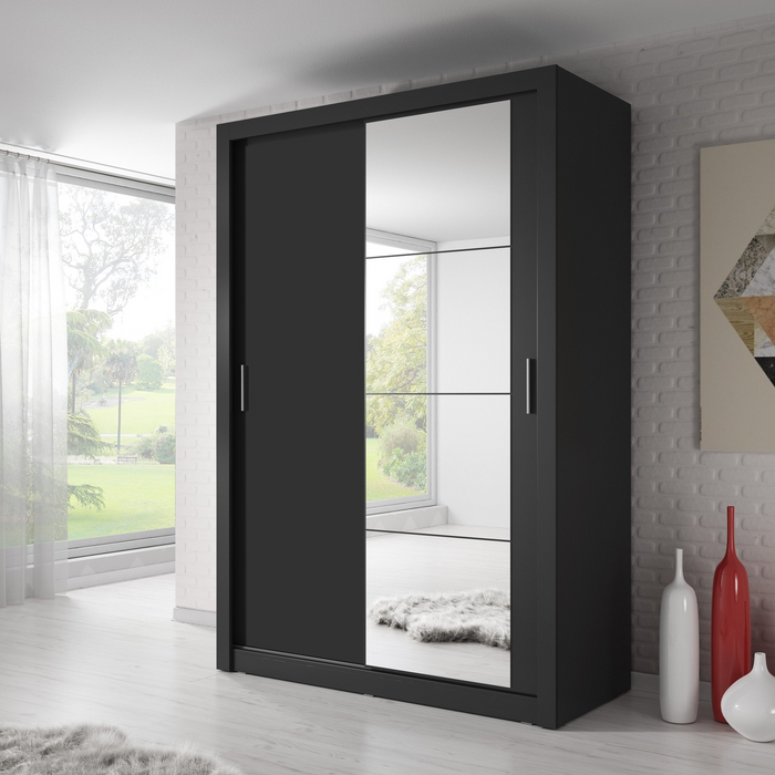 Klassy 2 Door 150cm Black Mirrored Sliding Door Wardrobe KL-04 - FurniComp