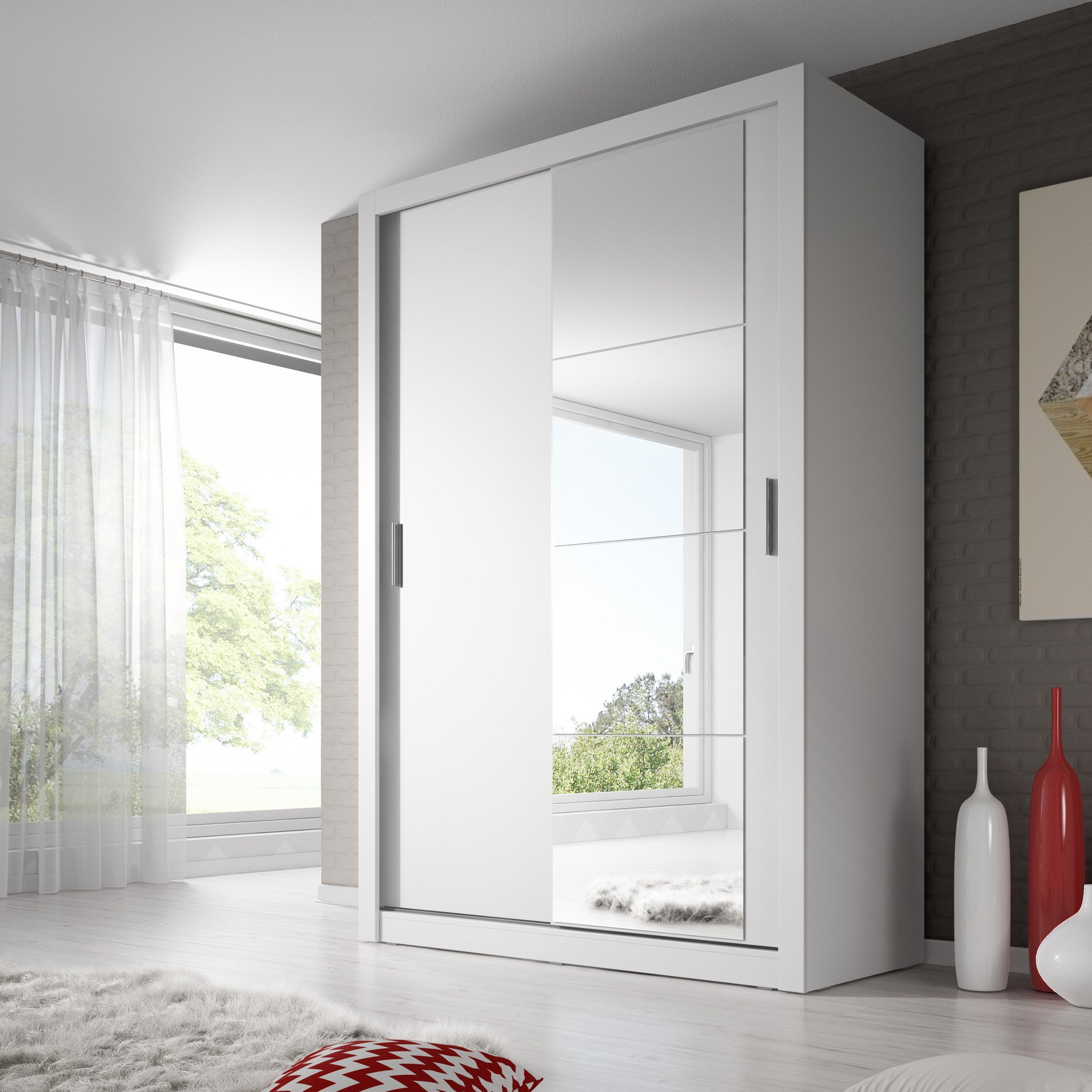 Klassy 2 Door 150cm White Mirrored Sliding Door Wardrobe KL-04 - FurniComp