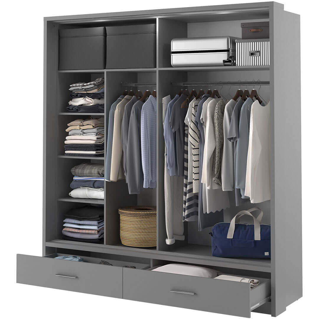 Klassy 2 Door 2 Drawer Grey Mirrored 200cm Sliding Door Wardrobe KL-05 - FurniComp