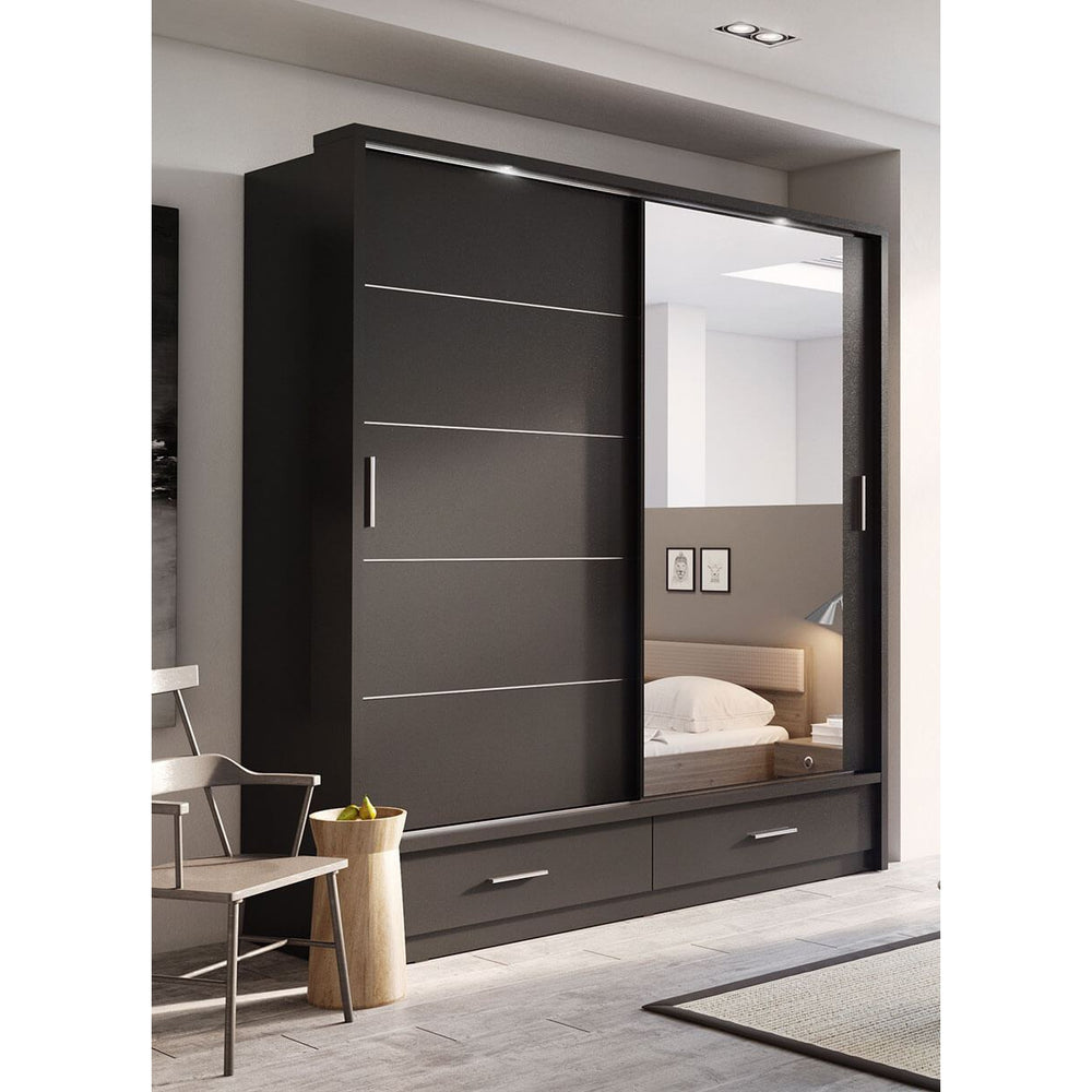 Klassy 2 Door 2 Drawer Black Mirrored 200cm Sliding Door Wardrobe KL-05 - FurniComp