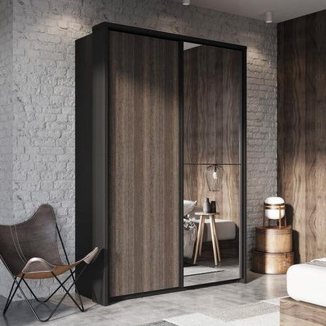 Klassy 2 Door Black and Wenge Mirrored Sliding Door Wardrobe KL-21 - FurniComp