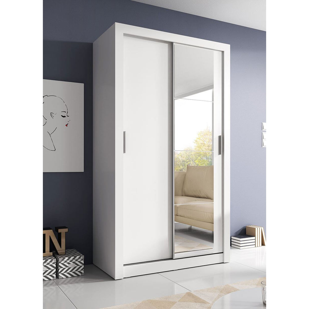 Klassy 2 Door White Mirrored 120cm Sliding Door Wardrobe KL-06 - FurniComp