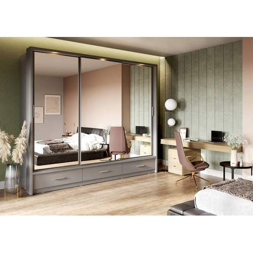 Klassy 3 Door 3 Drawer 250cm Grey Mirrored Sliding Door Wardrobe KL-23 - FurniComp