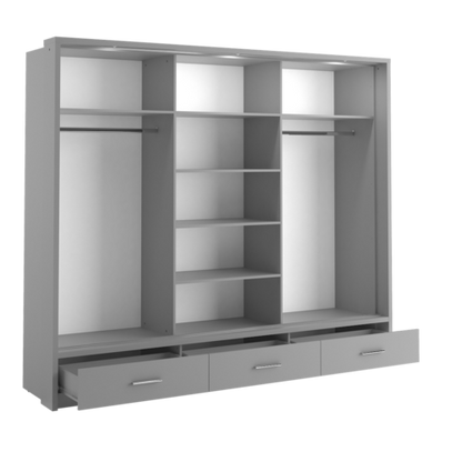 Klassy 3 Door 3 Drawer 250cm Grey Mirrored Sliding Door Wardrobe KL-23 - FurniComp