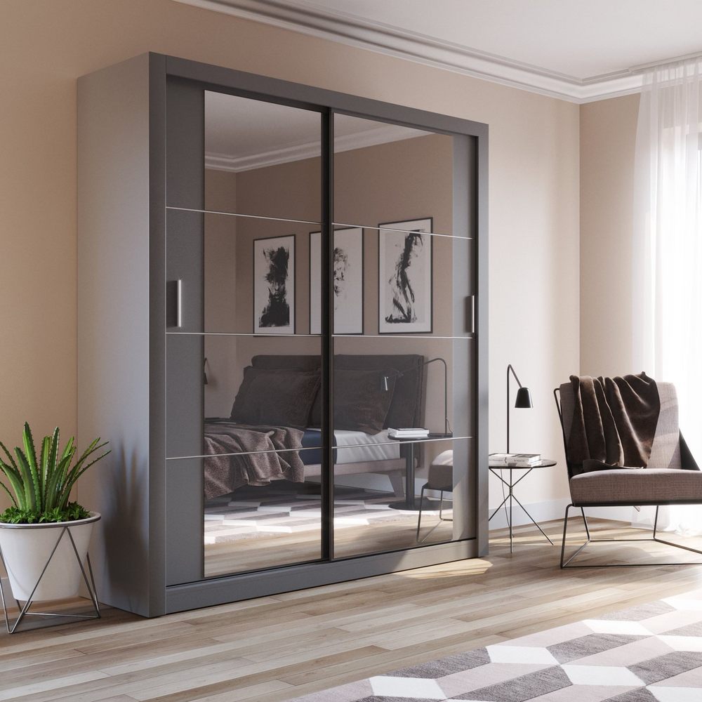 Klassy 2 Door 181cm Grey Mirrored Sliding Door Wardrobe KL-03 - FurniComp