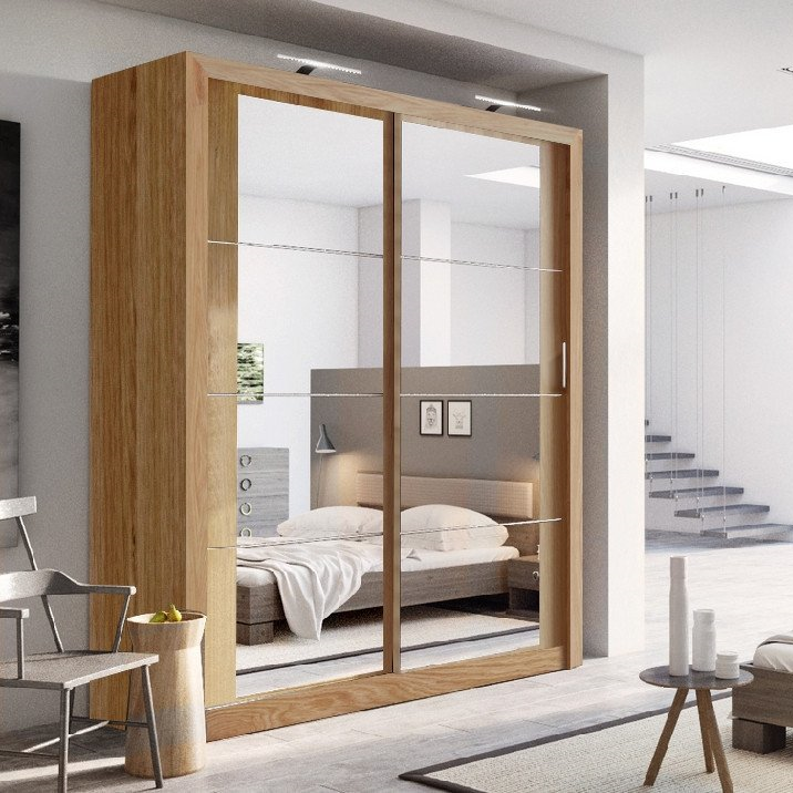 Klassy 2 Door 181cm Oak Shetland Mirrored Sliding Door Wardrobe KL-03 - FurniComp