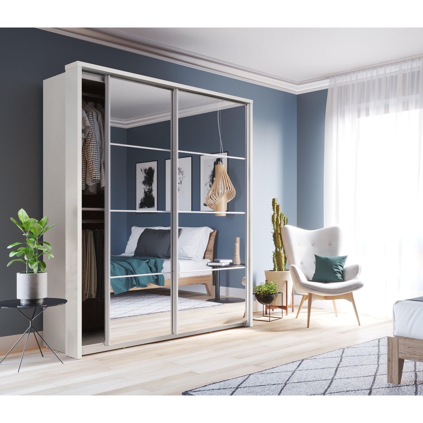 Klassy 2 Door White Matt Mirrored Sliding Door Wardrobe KL-17 - FurniComp