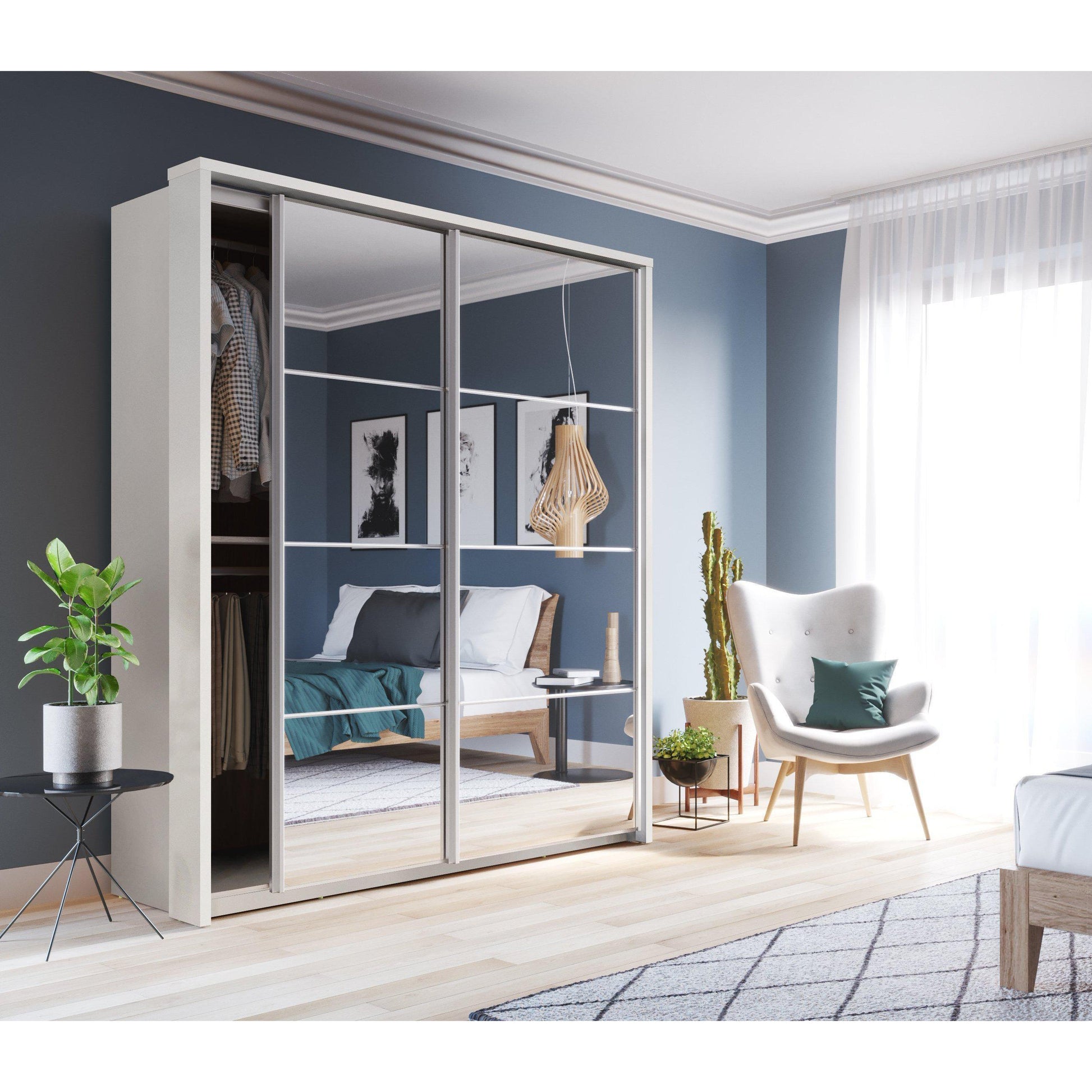 Klassy 2 Door White Matt Mirrored Sliding Door Wardrobe KL-17 - FurniComp