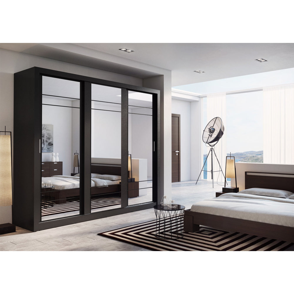 Klassy 3 Door 250cm Black Matt Mirrored Sliding Door Wardrobe KL-02 - FurniComp