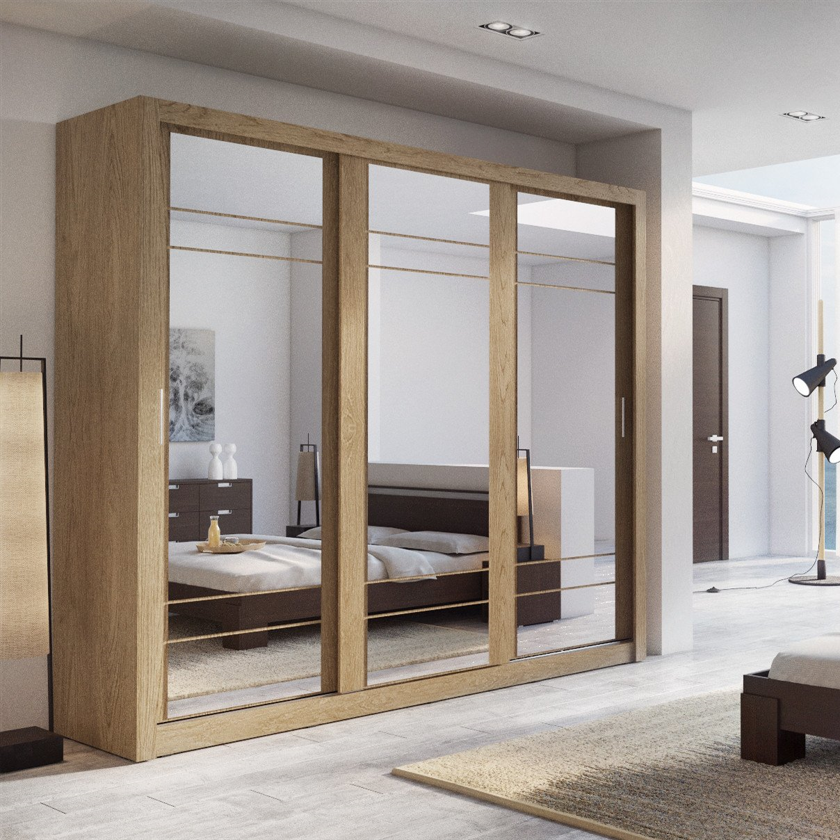 Klassy 3 Door 250cm Shetland Oak Mirrored Sliding Door Wardrobe KL-02 - FurniComp