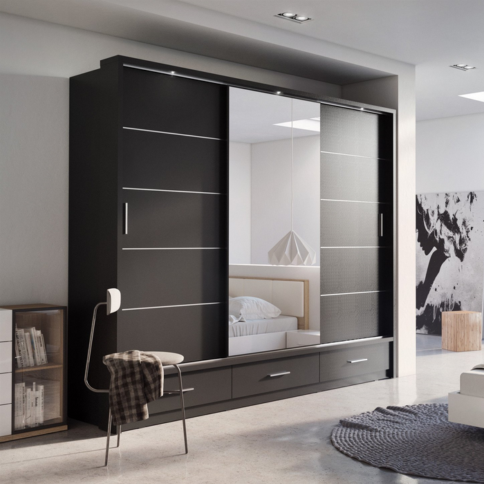 Klassy 3 Door 3 Drawer Matt Black Mirrored Sliding Door Wardrobe KL-01 - FurniComp