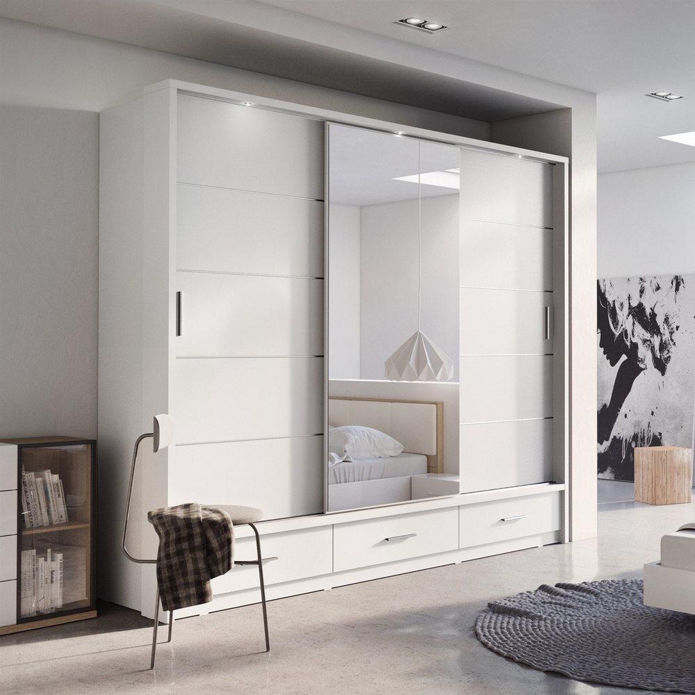 Klassy 3 Door 3 Drawer White Mirrored Sliding Door Wardrobe KL-01 - FurniComp
