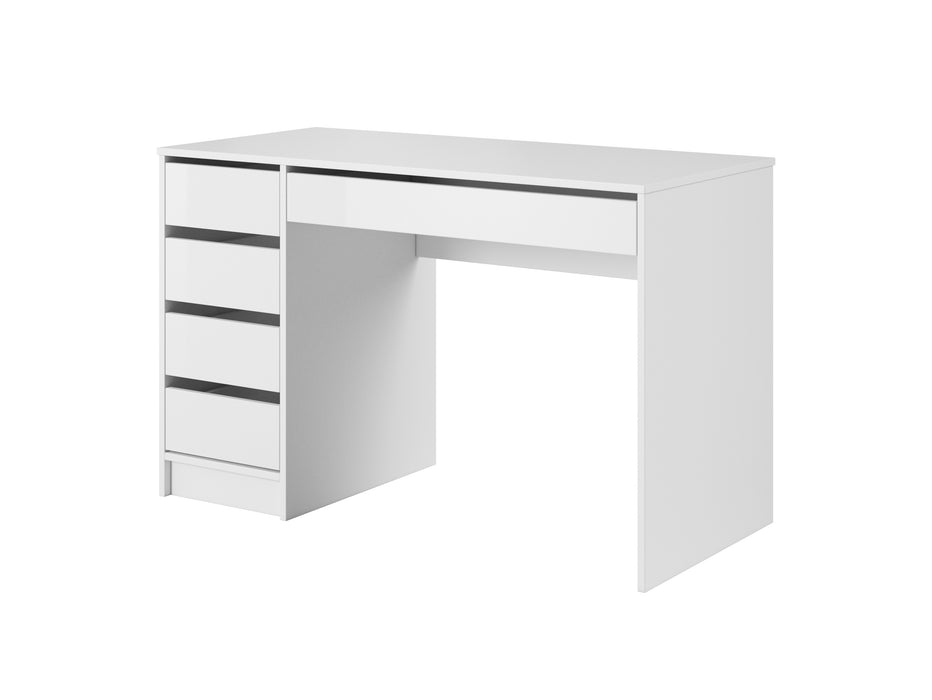 Kontor 5 Drawer White Gloss Home Office Desk - FurniComp