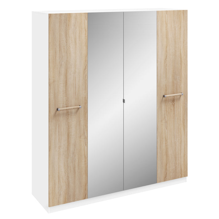 Lara White and Oak 4 Door Mirrored Wardrobe - FurniComp