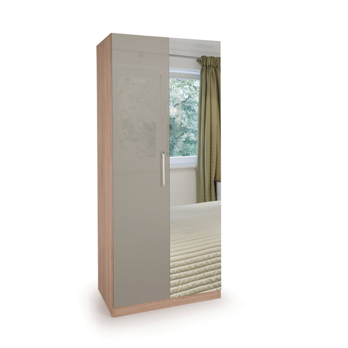 Lexi High Gloss Grey and Oak 2 Door Mirrored Wardrobe - FurniComp