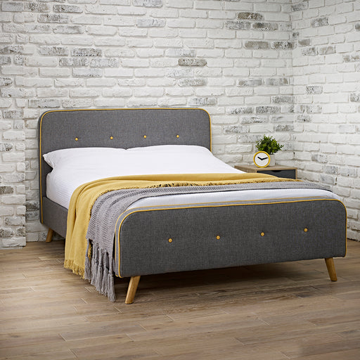 Corby Grey and Yellow Button Retro Fabric Bed - FurniComp