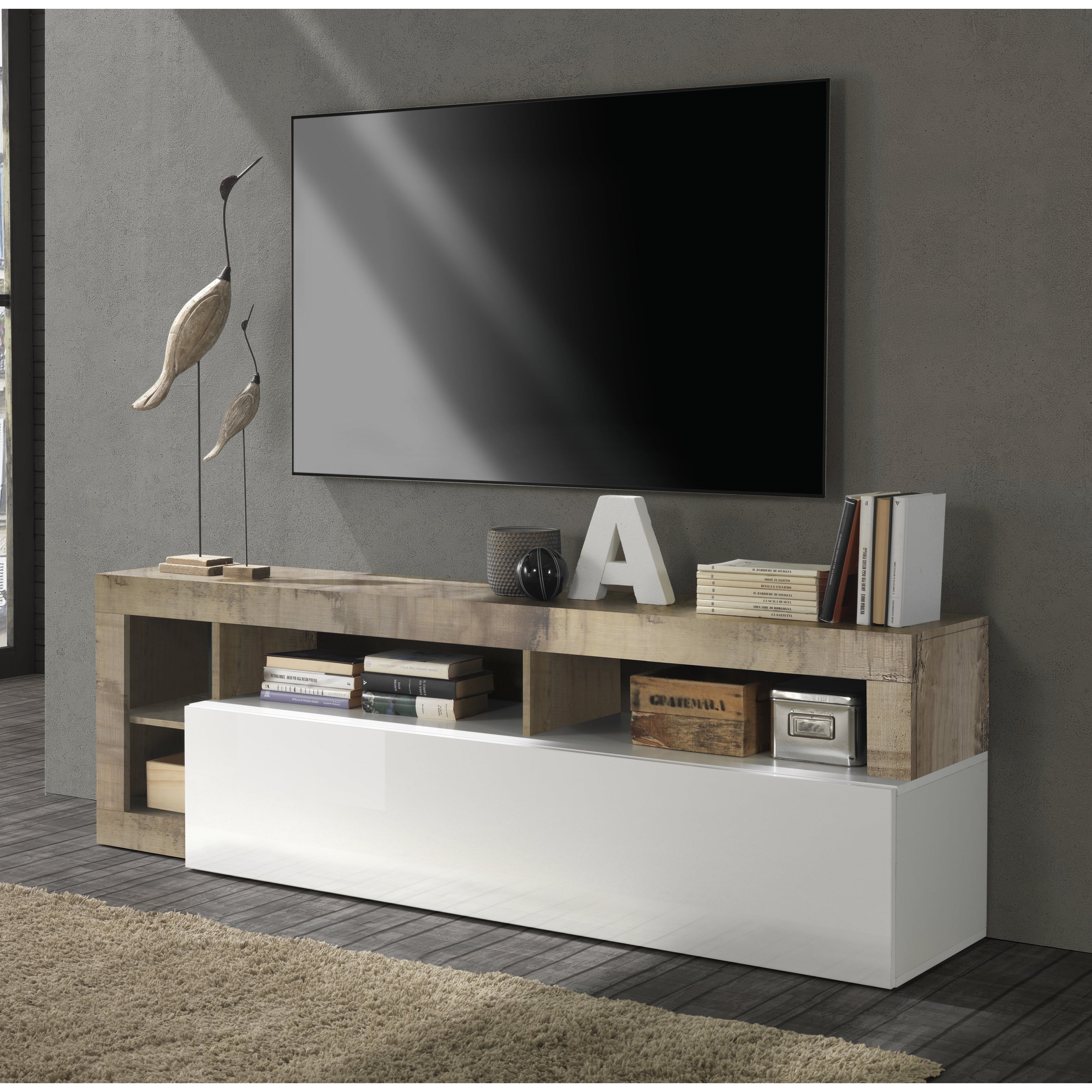 Lorenzo 184cm White Gloss and Natural Oak TV Unit - FurniComp