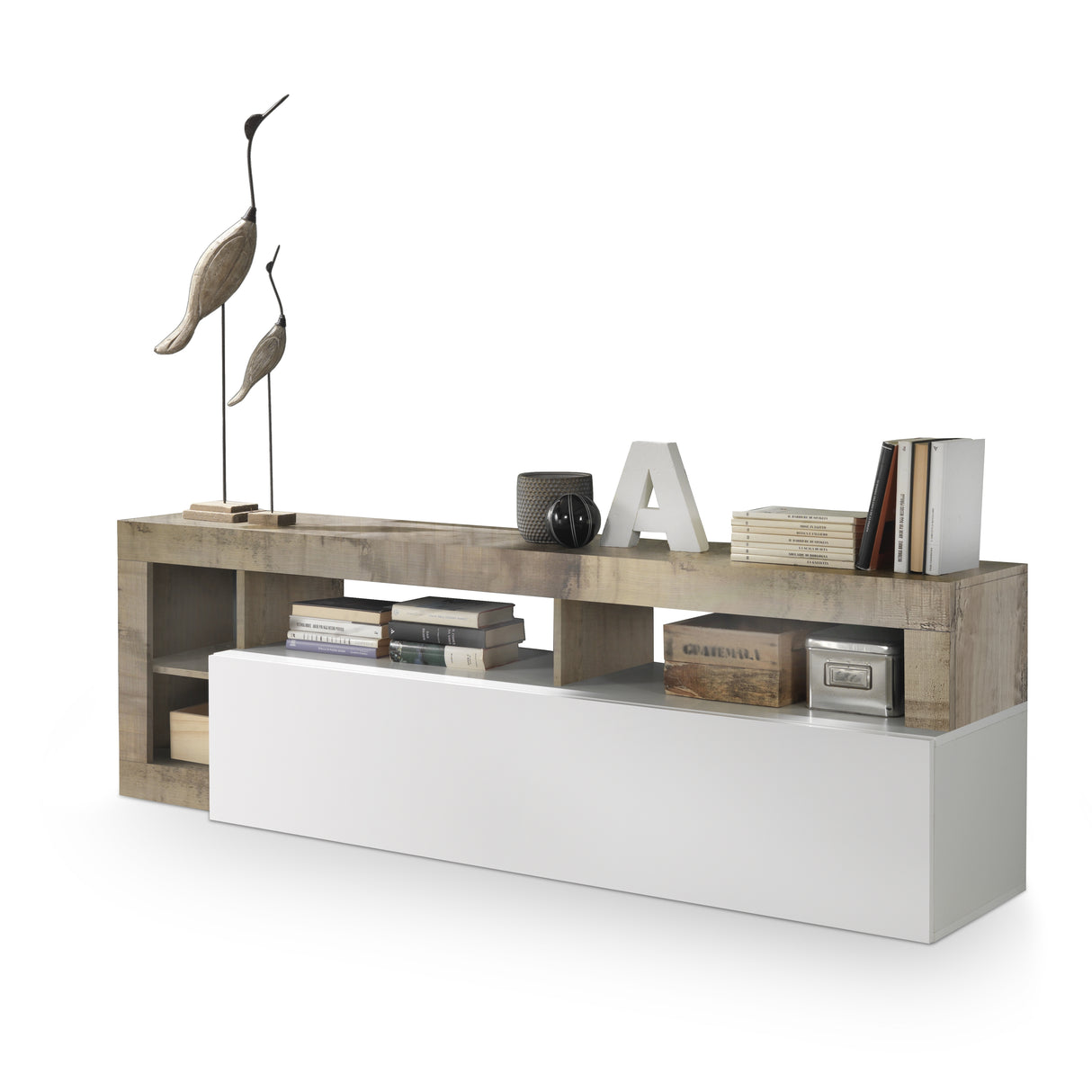 Lorenzo 184cm White Gloss and Natural Oak TV Unit - FurniComp