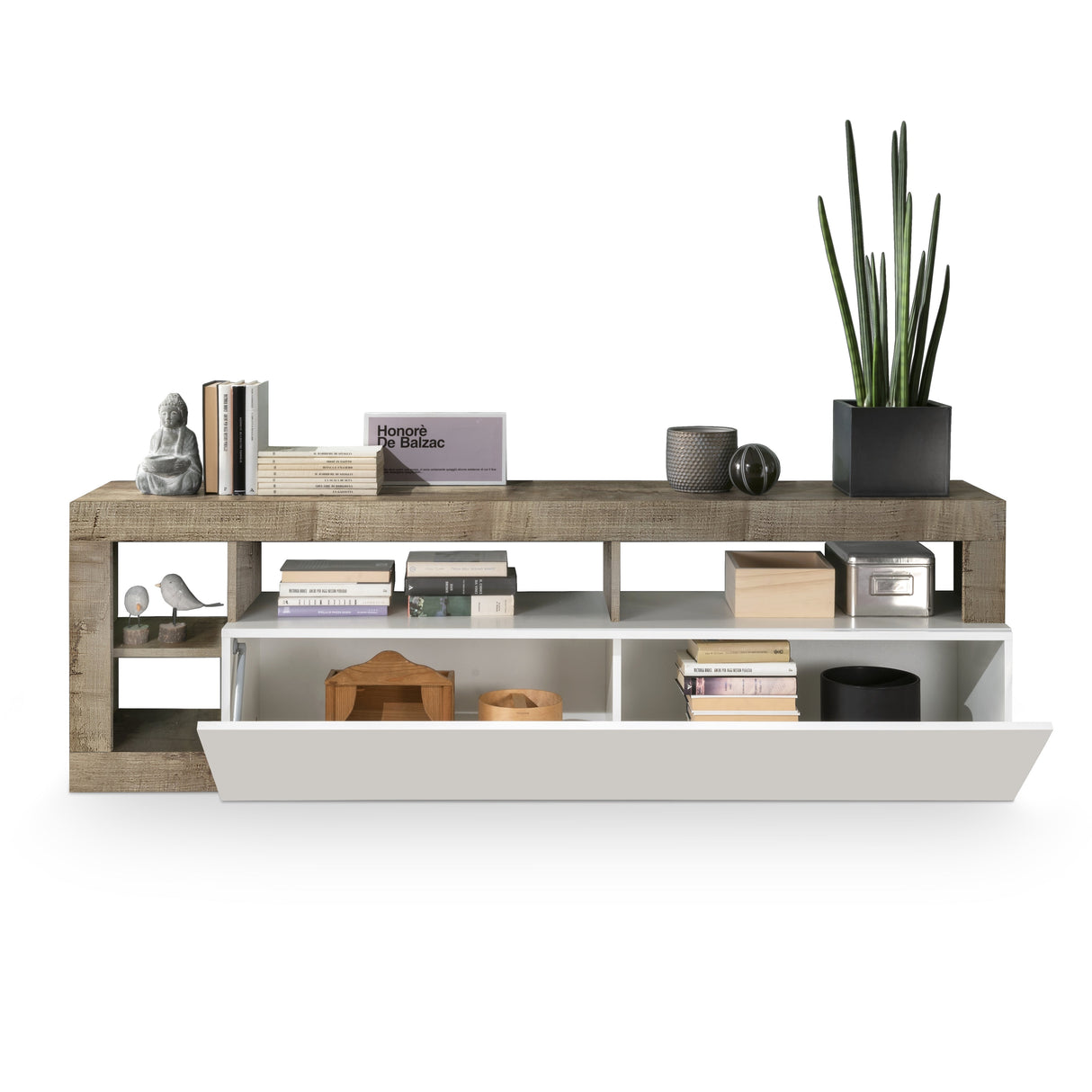 Lorenzo 184cm White Gloss and Natural Oak TV Unit - FurniComp