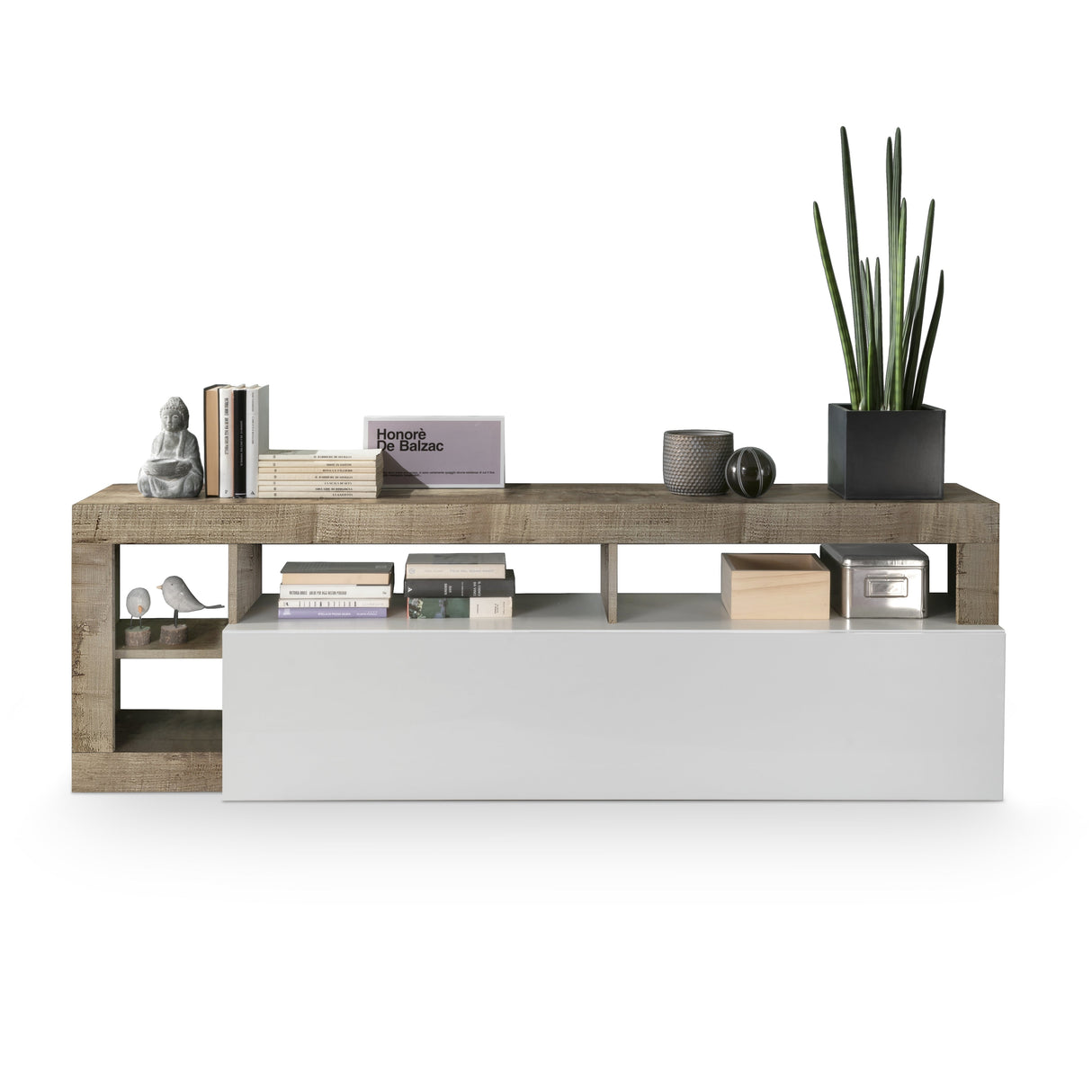 Lorenzo 184cm White Gloss and Natural Oak TV Unit - FurniComp