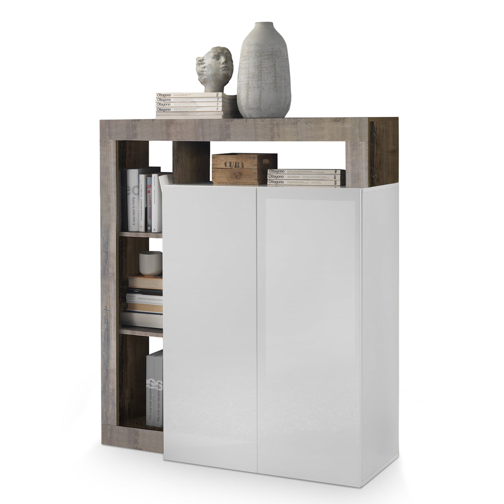 Lorenzo 2 Door White Gloss and Natural Oak Tall Sideboard/Highboard - FurniComp