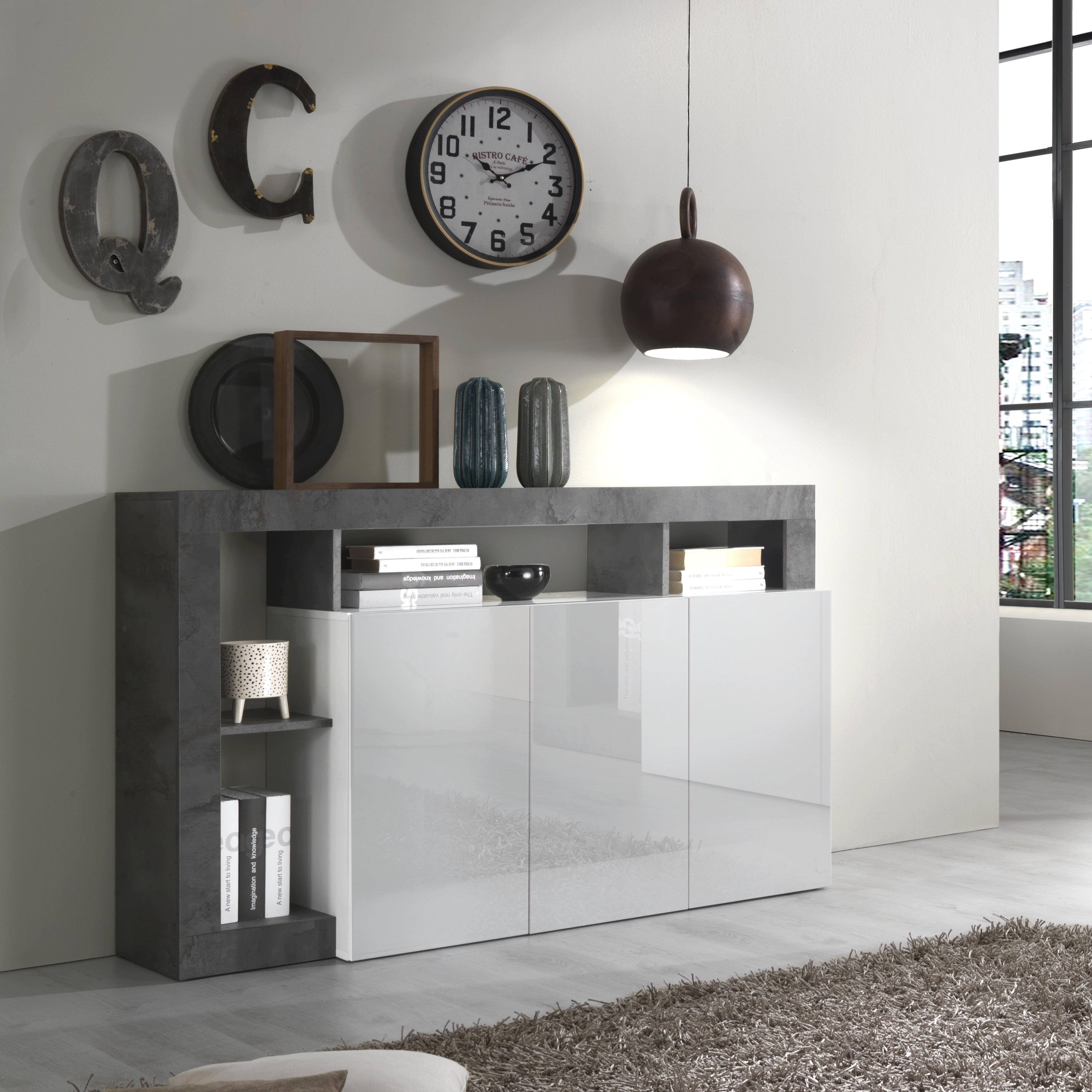 Lorenzo 3 Door White Gloss and Anthracite Sideboard - FurniComp