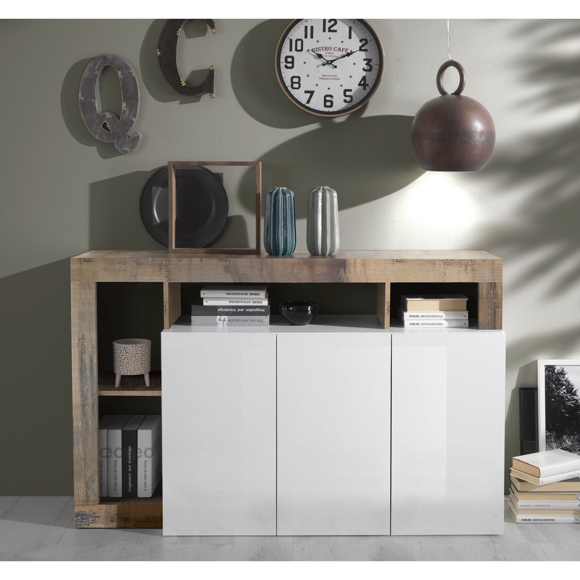 Lorenzo 3 Door White Gloss and Natural Oak Sideboard - FurniComp