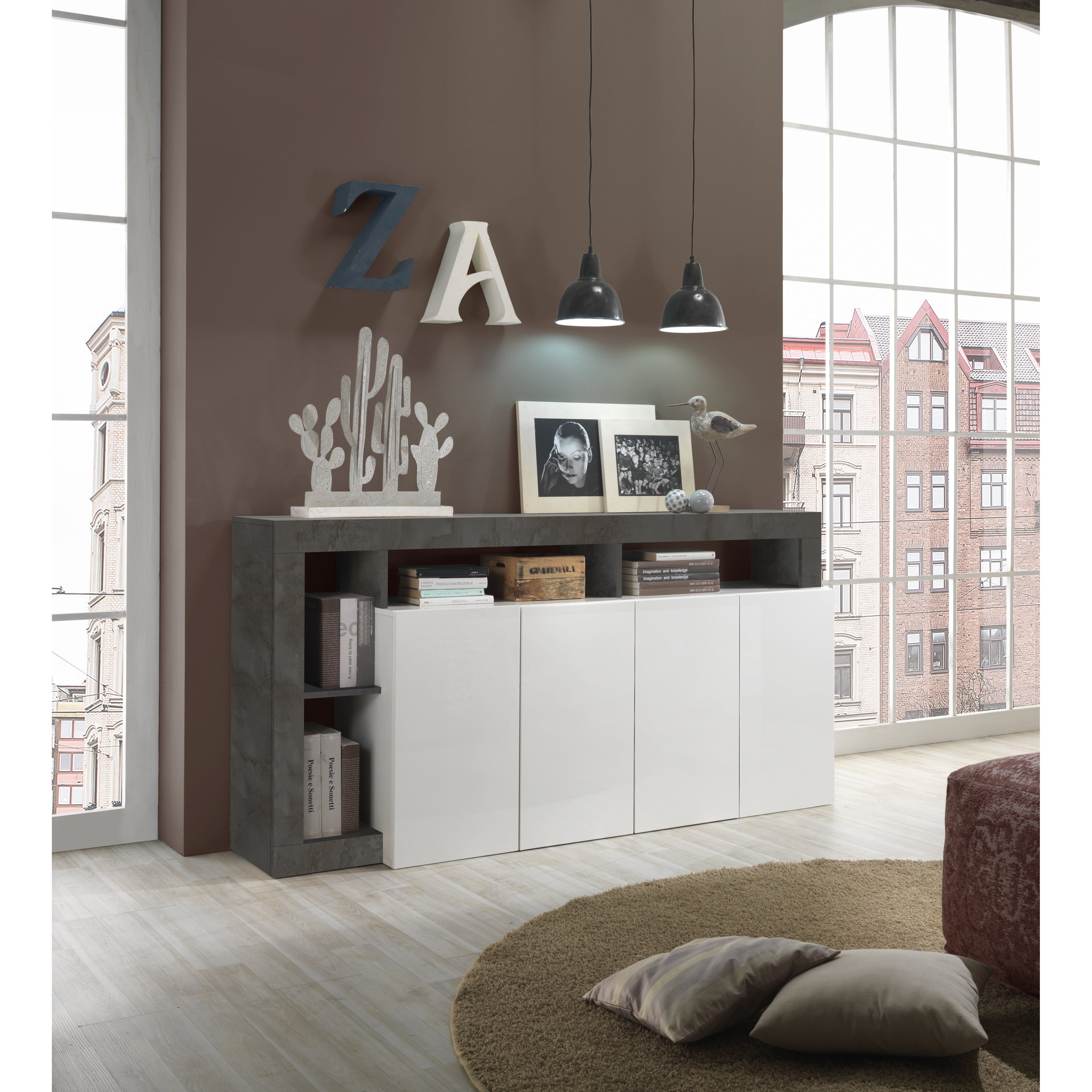 Lorenzo 4 Door White Gloss and Anthracite Sideboard - FurniComp