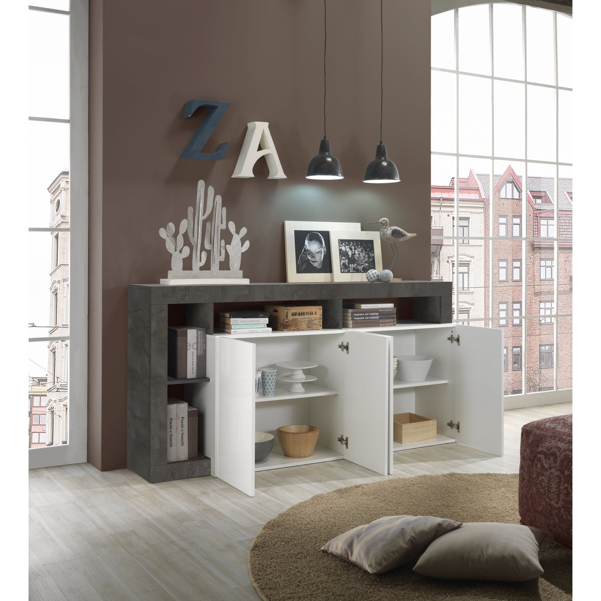 Lorenzo 4 Door White Gloss and Anthracite Sideboard - FurniComp