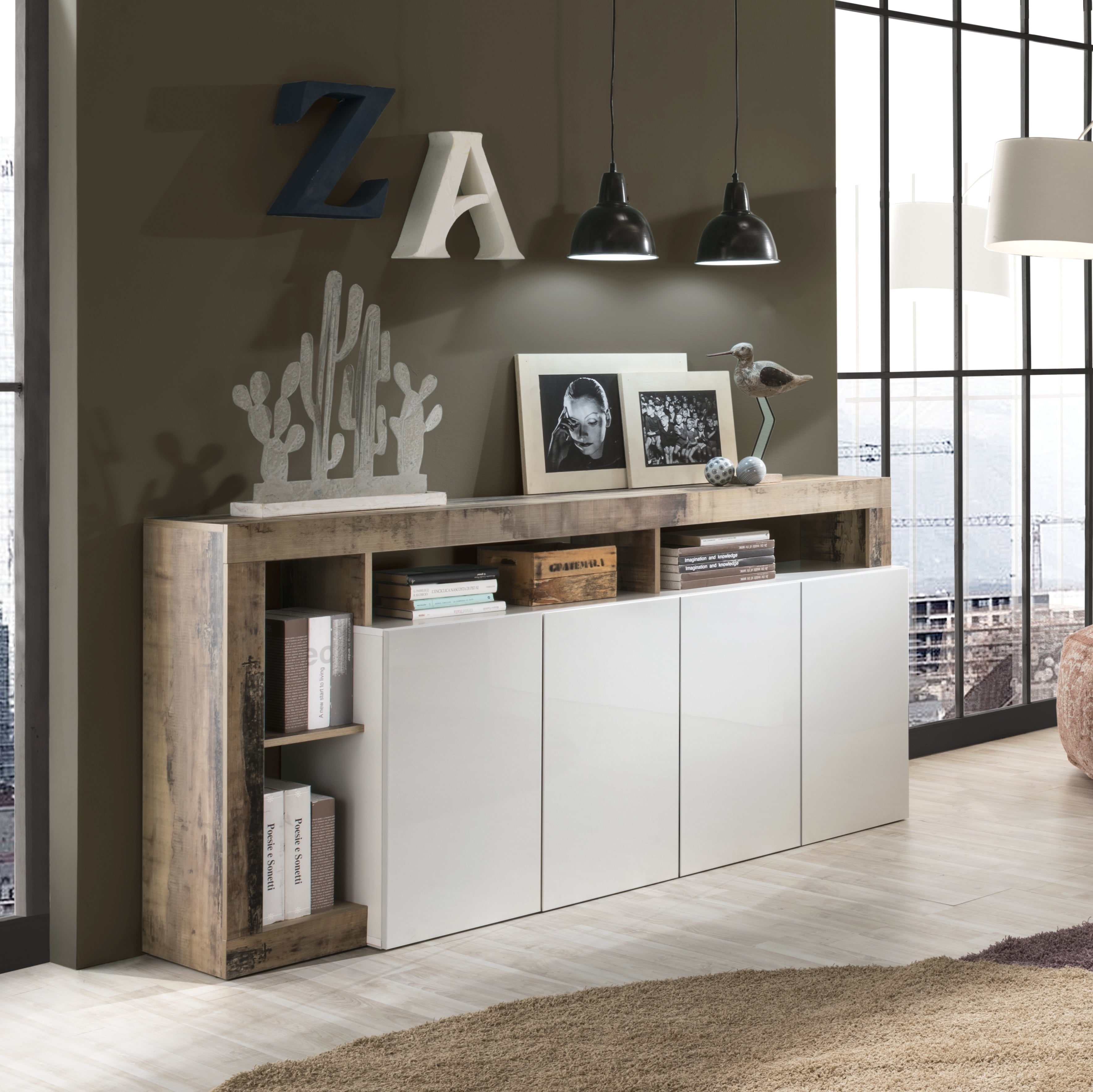 Lorenzo 4 Door White Gloss and Natural Oak Sideboard - FurniComp