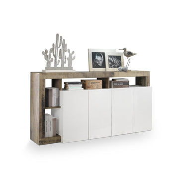 Lorenzo 4 Door White Gloss and Natural Oak Sideboard - FurniComp