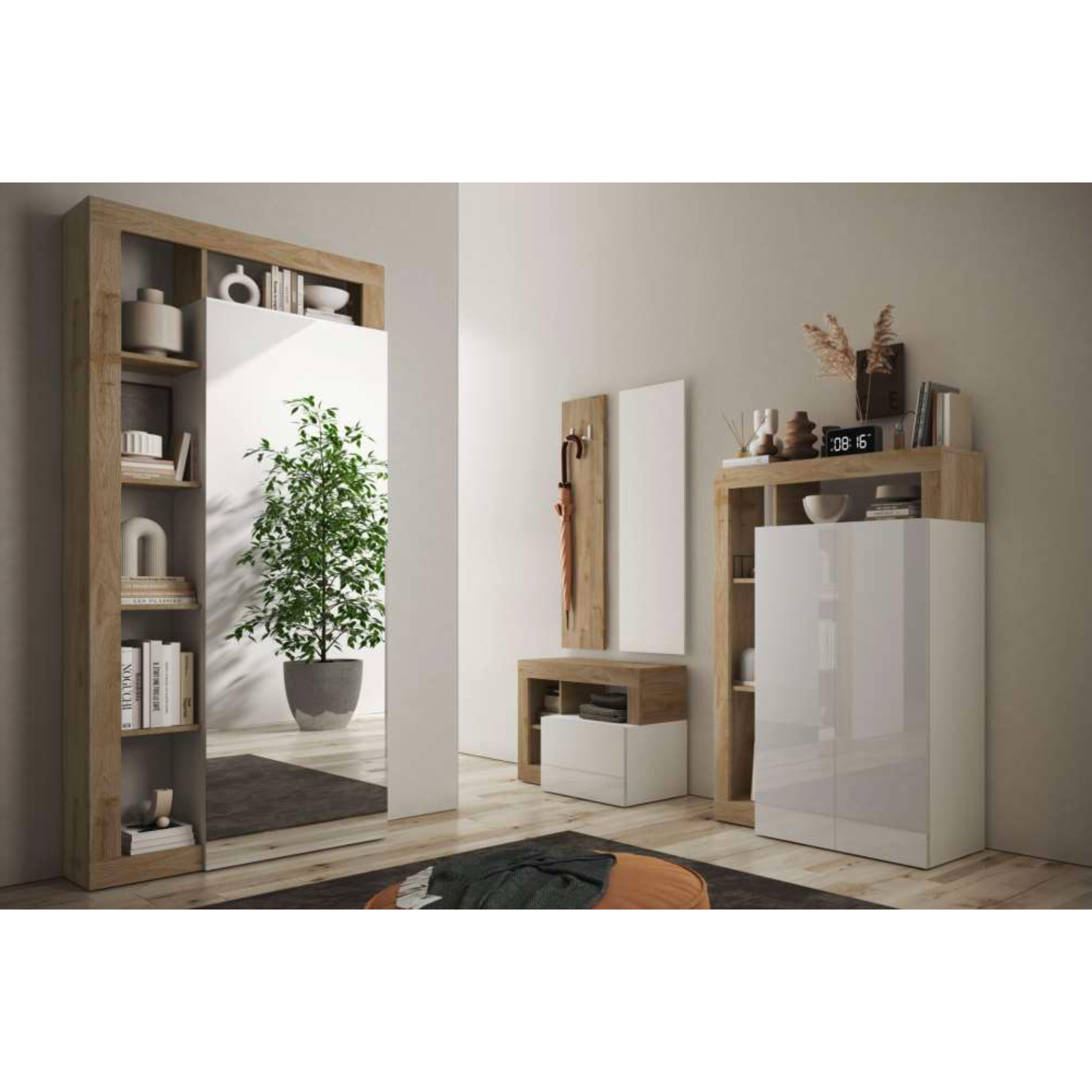 Lorenzo Natural Oak & High White Gloss Shoe Storage Cabinet - FurniComp