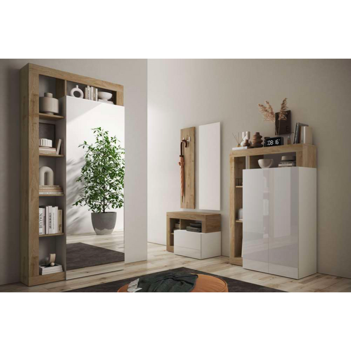 Lorenzo Natural Oak & High White Gloss Shoe Storage Cabinet - FurniComp