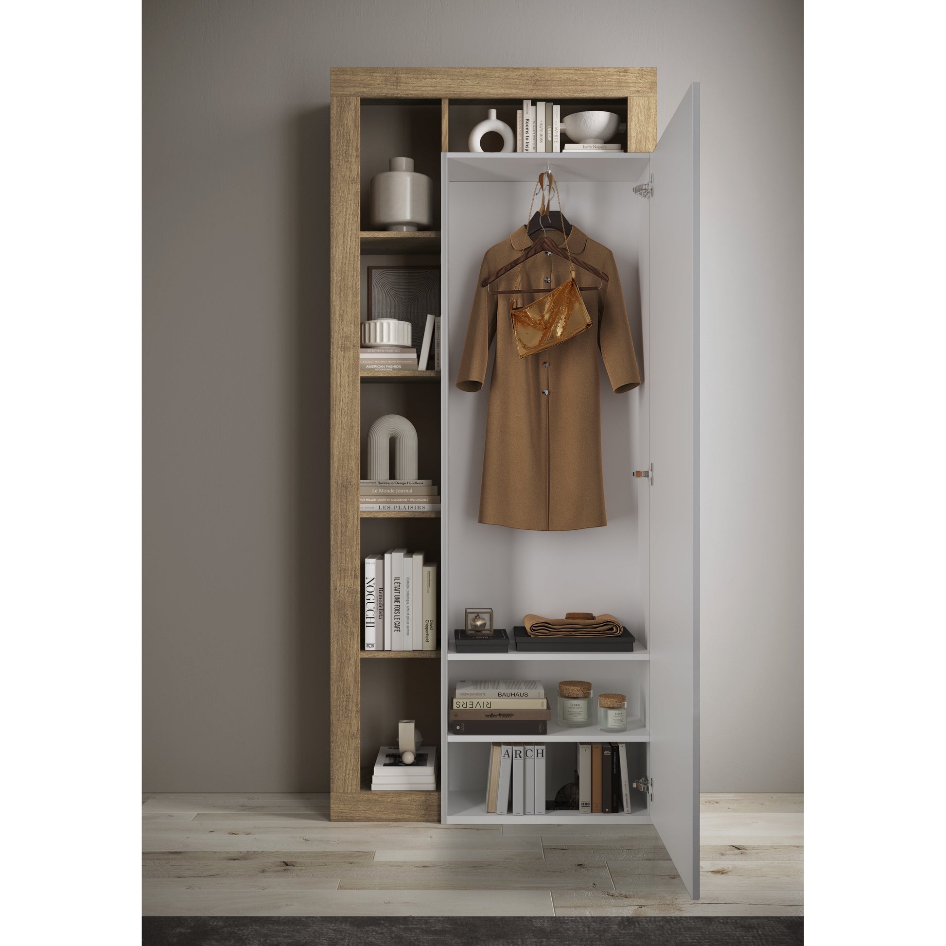 Lorenzo Natural Oak 1 Door Mirrored Tall Narrow Hallway Wardrobe - FurniComp