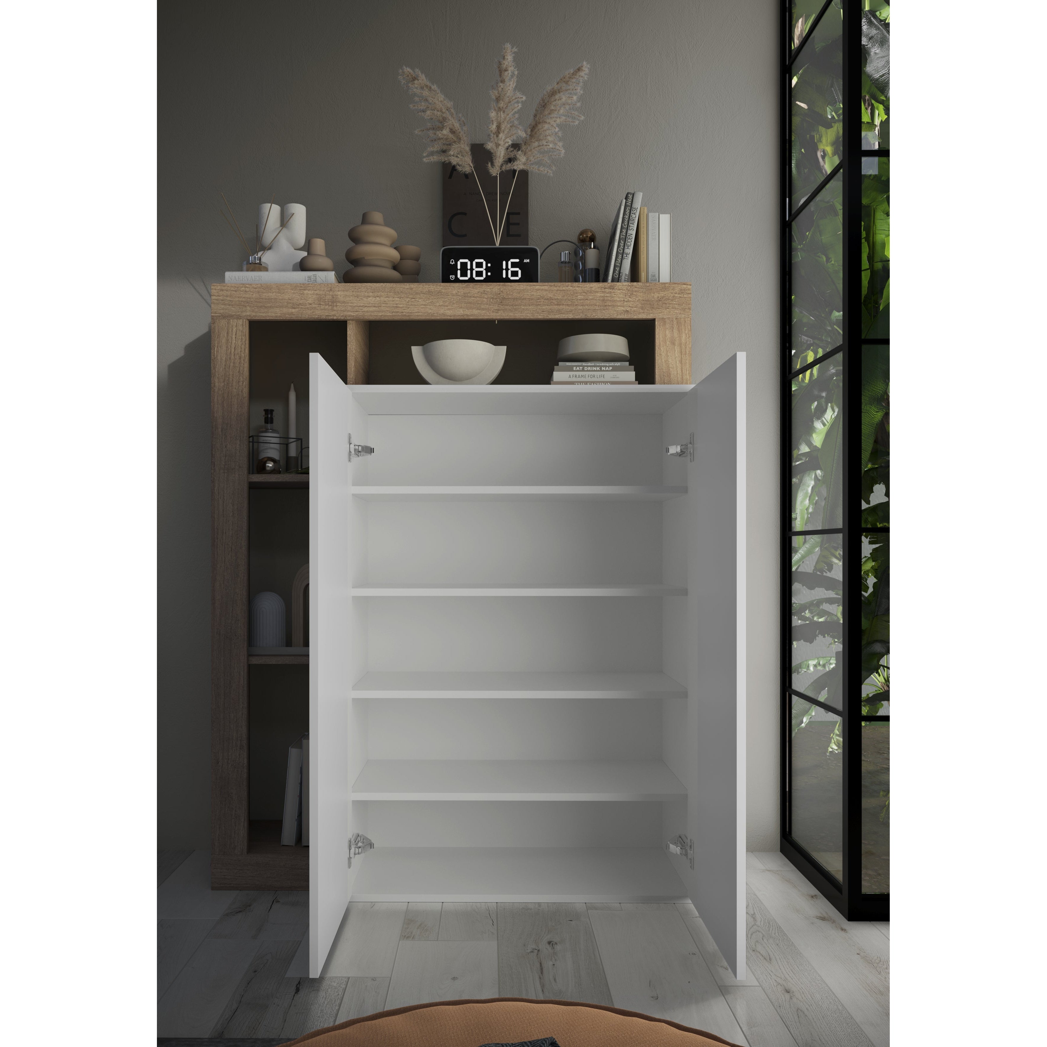 Lorenzo Natural Oak & High White Gloss Shoe Storage Cabinet - FurniComp