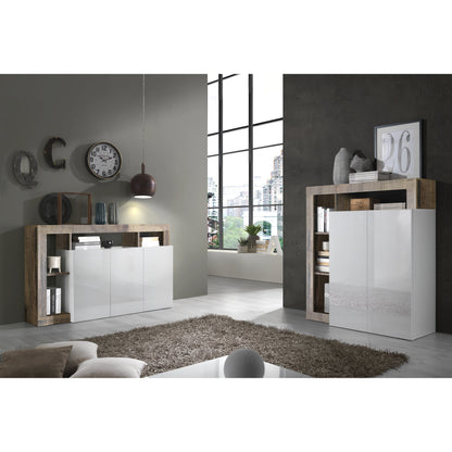 Lorenzo 2 Door White Gloss and Natural Oak Tall Sideboard/Highboard - FurniComp