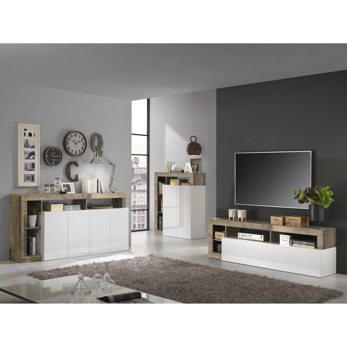 Lorenzo 2 Door White Gloss and Natural Oak Tall Sideboard/Highboard - FurniComp