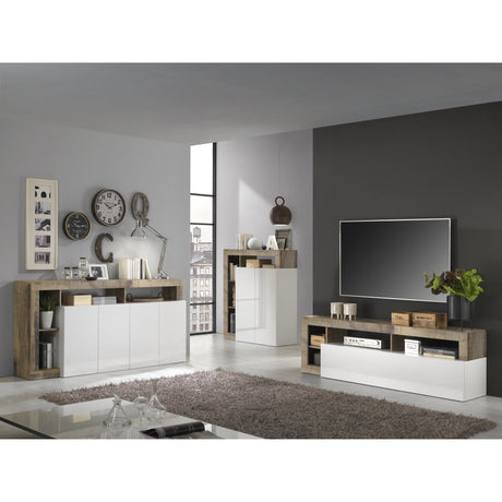 Lorenzo 184cm White Gloss and Natural Oak TV Unit - FurniComp