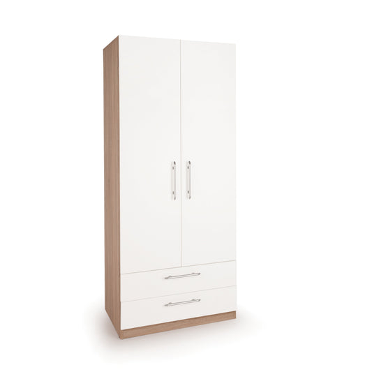 Louise Oak and White 2 Door 2 Drawer Wardrobe - FurniComp