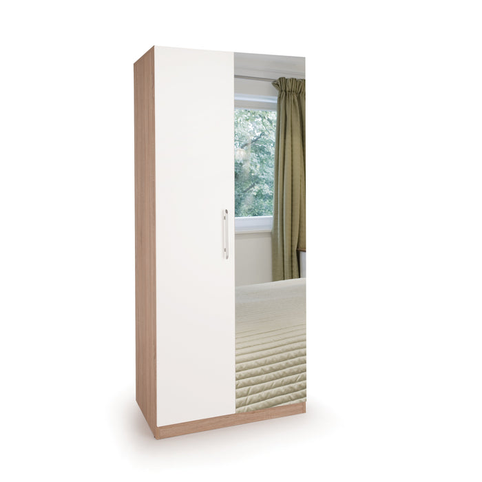Louise Oak and White 2 Door Mirrored Wardrobe - FurniComp