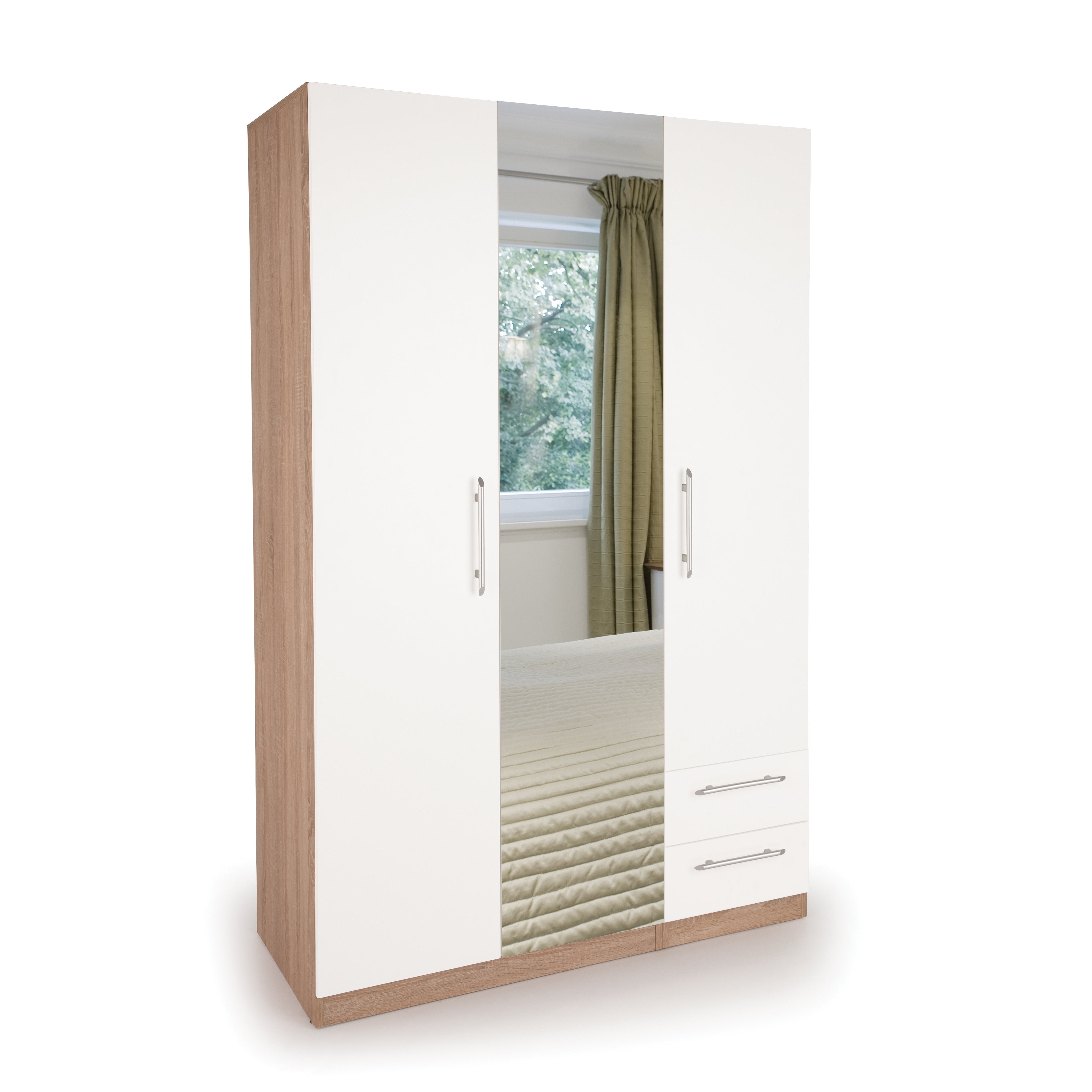 Louise Oak and White 3 Door 2 Drawer Mirrored Wardrobe - FurniComp