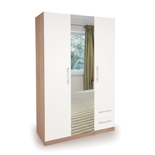 Louise Oak and White 3 Door 2 Drawer Mirrored Wardrobe - FurniComp