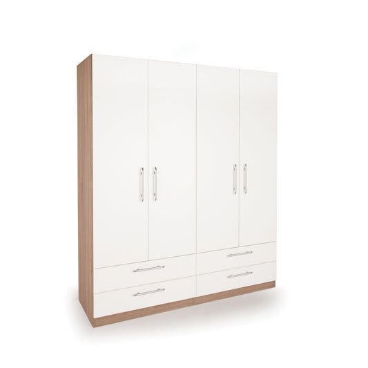 Louise Oak and White 4 Door 4 Drawer Wardrobe - FurniComp