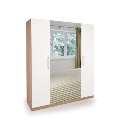 Louise Oak and White 4 Door Mirrored Wardrobe - FurniComp