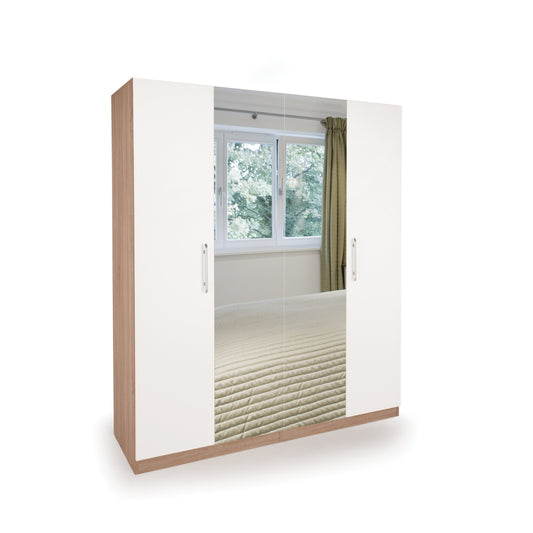 Louise Oak and White 4 Door Mirrored Wardrobe - FurniComp